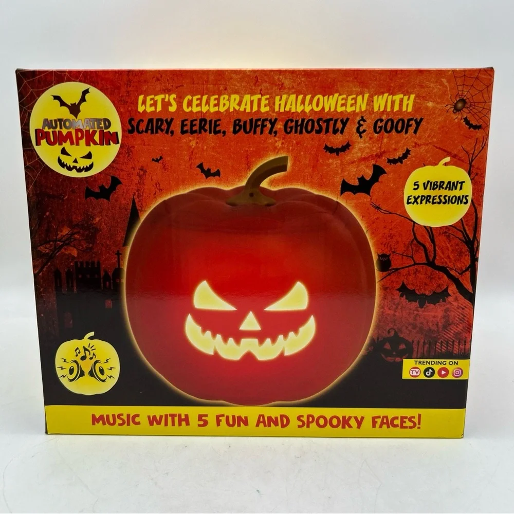 Halloween LED Pumpkin w/Speakers,Halloween Music 5-Fun & Spooky Faces 7.5x8.5”